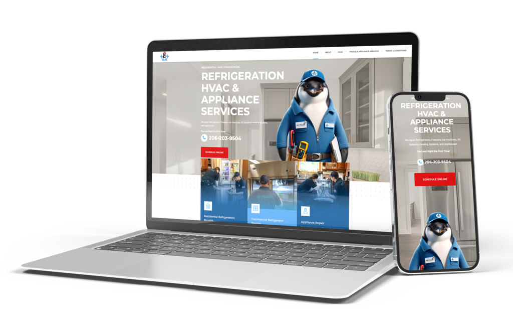 Silver laptop and smartphone displaying the responsive website design for Mr. Fridge a Seattle based HVAC company